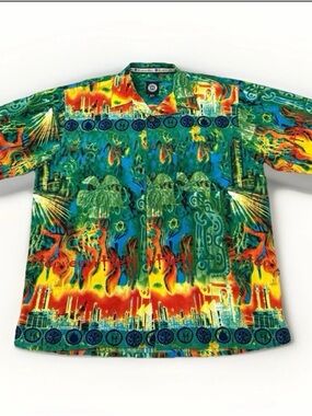 Heaven Or Hell Graphic Button Shirt L Colorful Abstract Streetwear